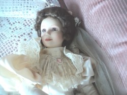 19'' PORCELAIN  VICTORIA BRIDE DOLL SATIN GOWN, VEIL 2 FT TRAIN